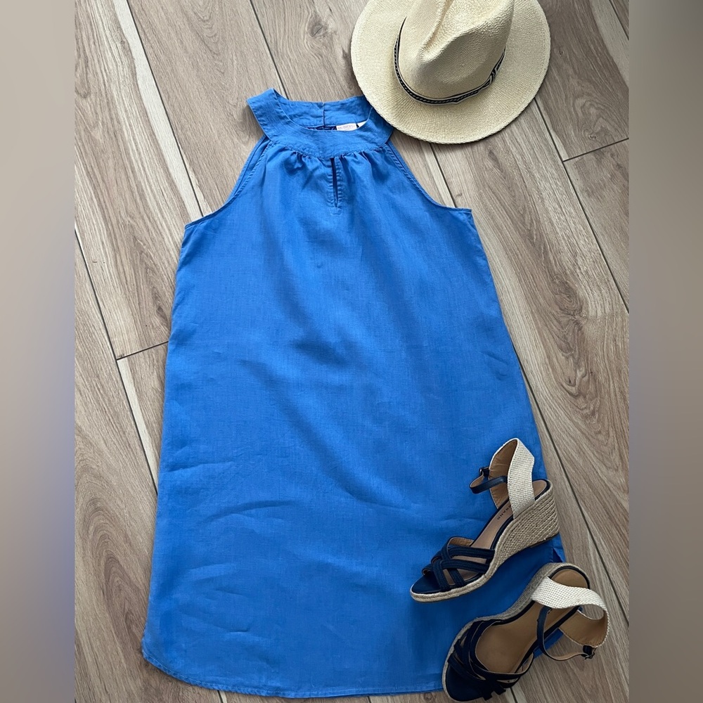🍃🪷 ST TROPEZ Blue shift Linen dress Slip on SZ:M